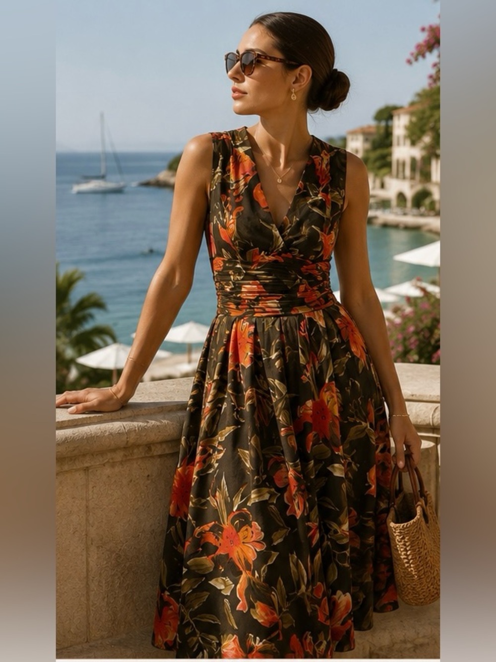 Liz Claiborne Floral Midi Dress Ruched Waist Fit & Flare Size 8